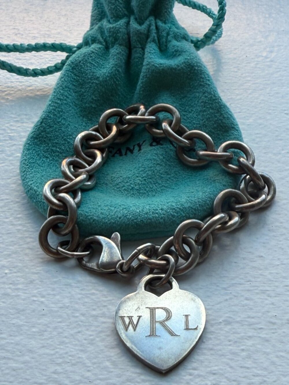 Tiffany & Co Sterling Silver Heart Tag Charm Bracelet 7.5in with Pouch